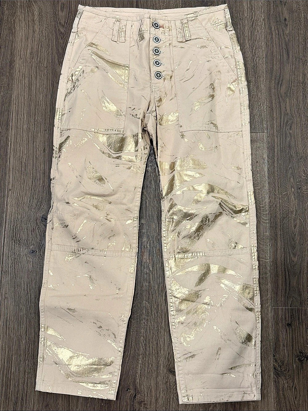 Anthropologie The Wanderer Abstract Straight Leg Pants Beige Gold Waist 28